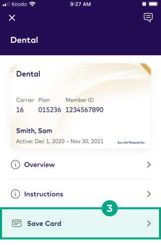 Dental benefit screen in League mobile app with save card button highlighted