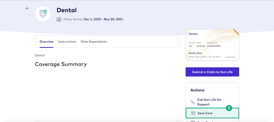 Dental benefit account screen on League website with save card button highlighted