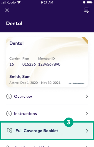 Dental benefit account screen in League app with full coverage booklet button highlighted