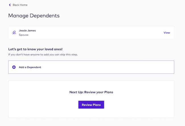 Manage dependents screen on the League website