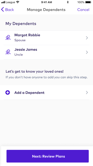 Manage dependents screen on the League app
