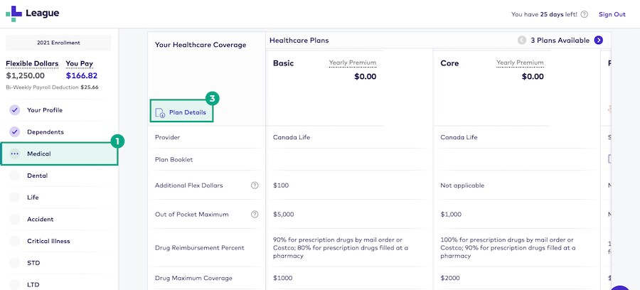 Enrollment screen medical tab with plan details button highlighted