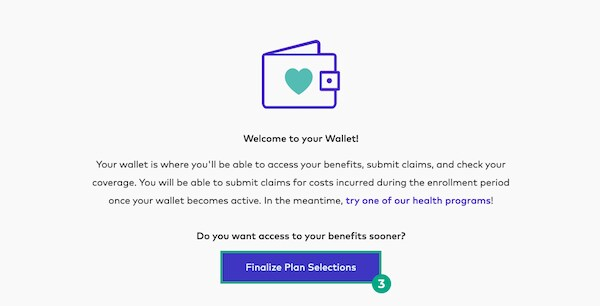 Wallet screen during enrollment period on the League website with finalize plan selections button highlighted