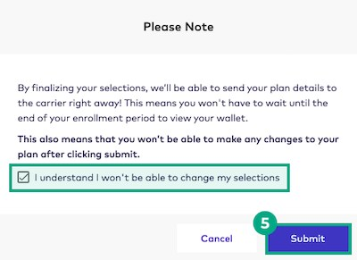 Plan selection screen with final plan selections checkbox and submit button highlighted