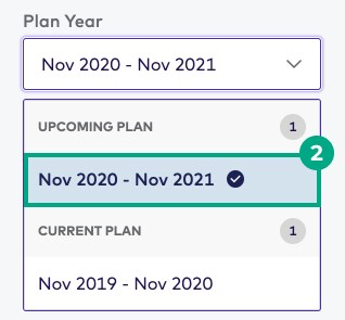 benefits plan year date picker with upcoming plan year highlighted