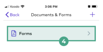 Forms button highlighted in the documents and forms screen in the League app