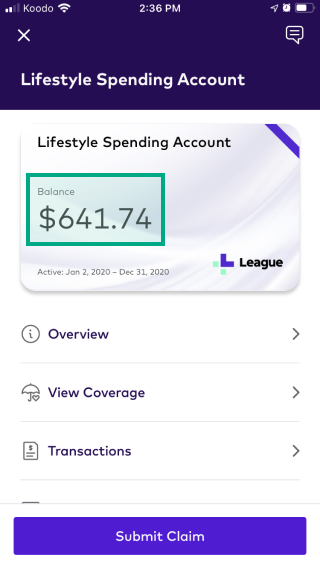Lifestyle spending account screen on League mobile app with account balance highlighted