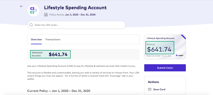 Lifestyle spending account screen on League website with account balance highlighted