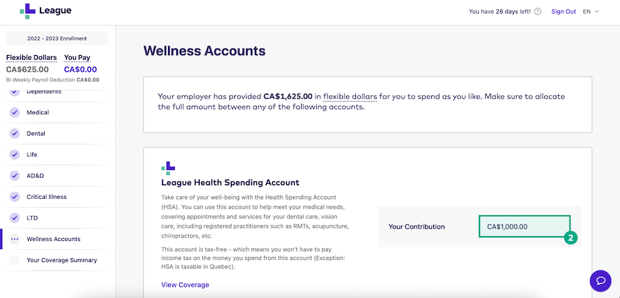 Enrollment screen with Wellness account contribution highlighted