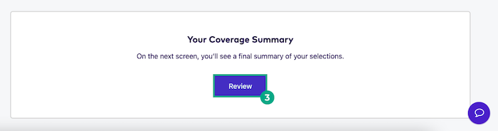 Coverage summary screen with the review button highlighted