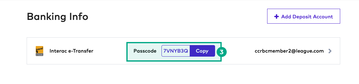 Banking info interac e-transfer screen on the League website with the passcode highlighted