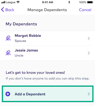 Manage dependents screen on the League app with add a dependent button highlighted