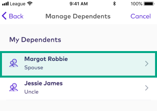Manage dependents screen on the League app with a dependent highlighted