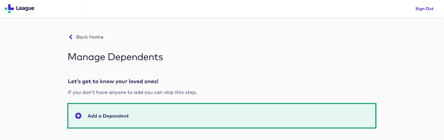 manage dependents screen on the League website with add a dependent button highlighted
