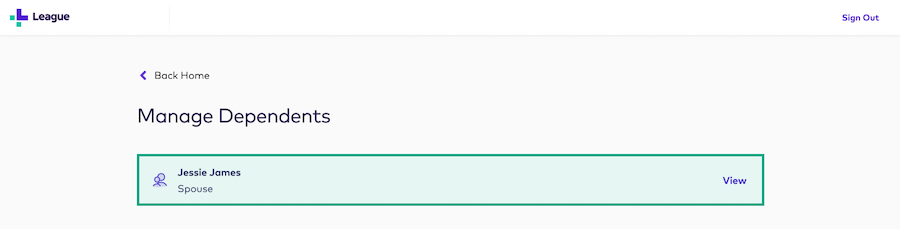 manage dependents screen on the League website with a dependent highlighted