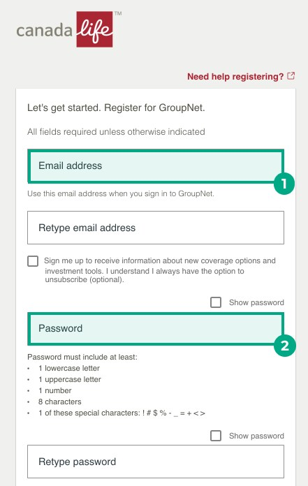 canada life website register for groupnet page with email and password fields highlighted