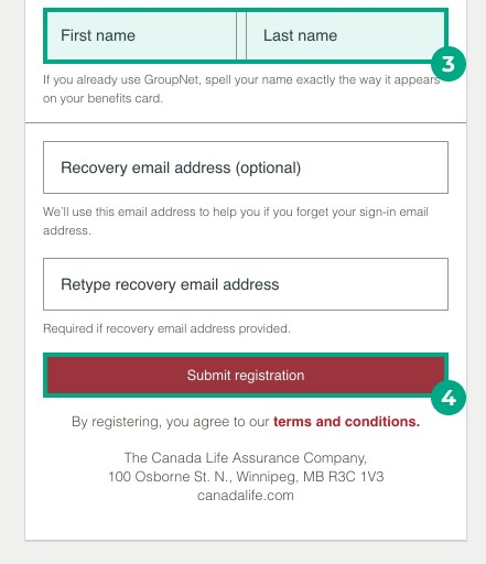 canada life website register for groupnet page with first name field, last name field and submit registration button highlighted