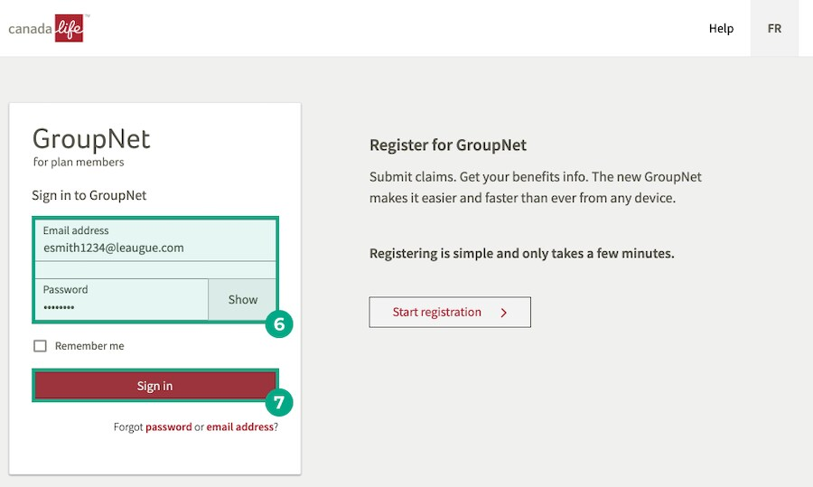 canada life website login screen with email address field, password field and sign in button highlighted