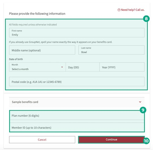 canada life website information screen with fields and continue button highlighted