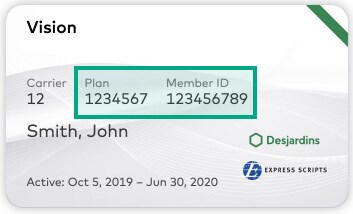 desjardins insurance card with plan and member id highlighted