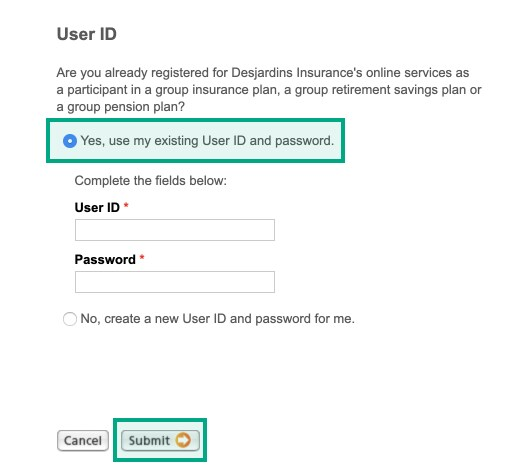 desjardins user id screen with checked use existing user id option and submit button highlighted