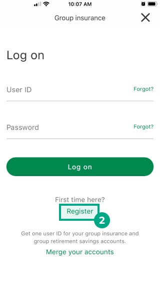 desjardins omni app log on screen with register button highlighted