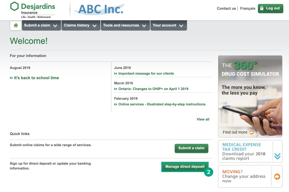Desjardins website home screen with manage direct deposits button highlighted