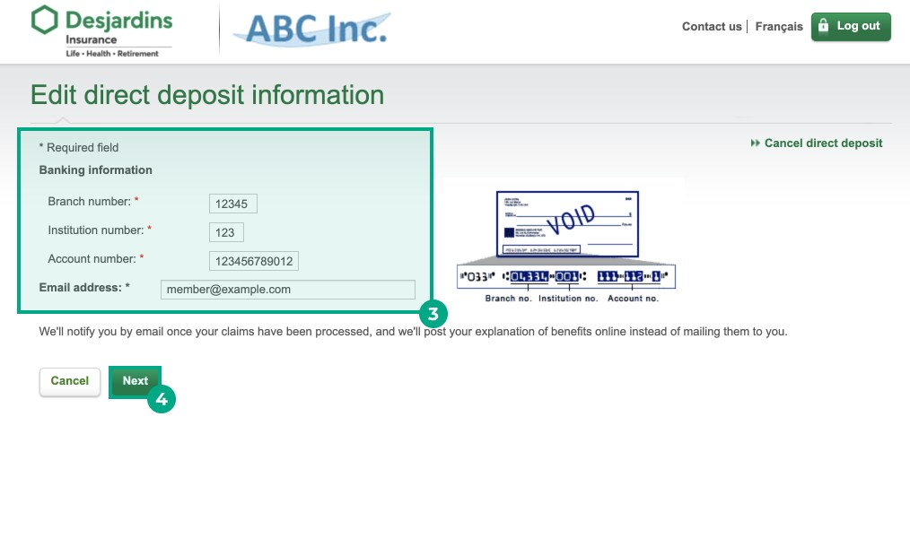 desjardins website edit direct deposit information screen with mandatory fields and next button highlighted