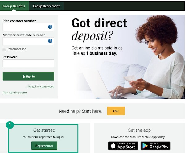 manulife website initial screen with register now button highlighted