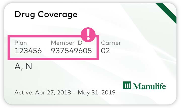 manulife drug coverage card with plan and member id highlighted
