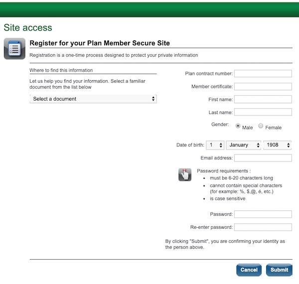 manulife website register for your plan member secure site screen