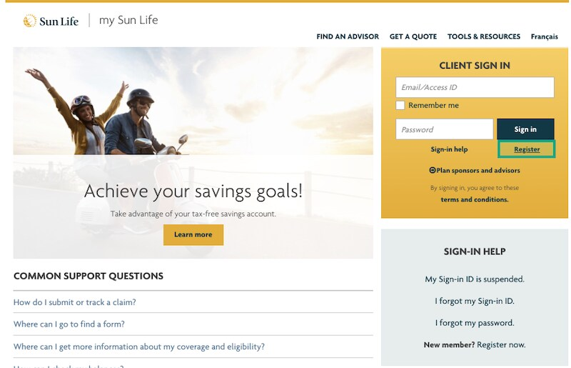 sun life website sign in screen with register button highlighted