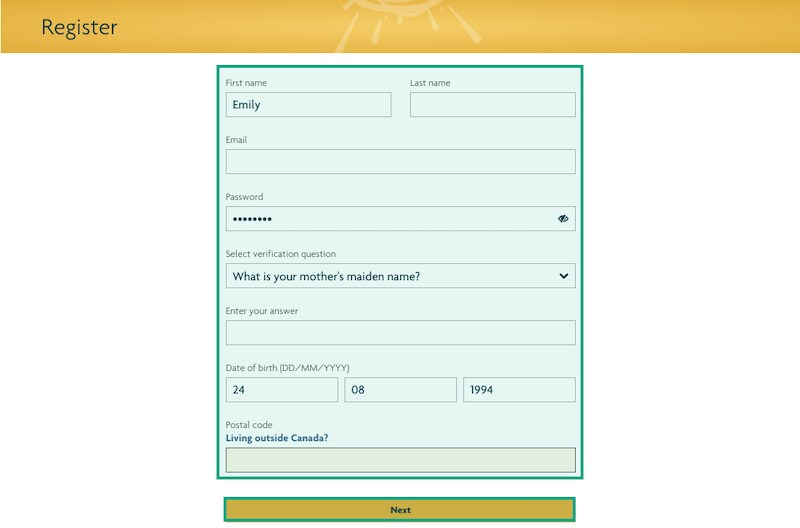 sun life website register information screen with fields and next button highlighted