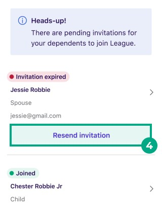 Dependents screen on the League mobile app with the resend Invitation button highlighted