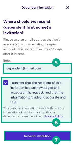 Dependent information screen on the League app with email field, contentment checkbox and resend invitation button highlighted