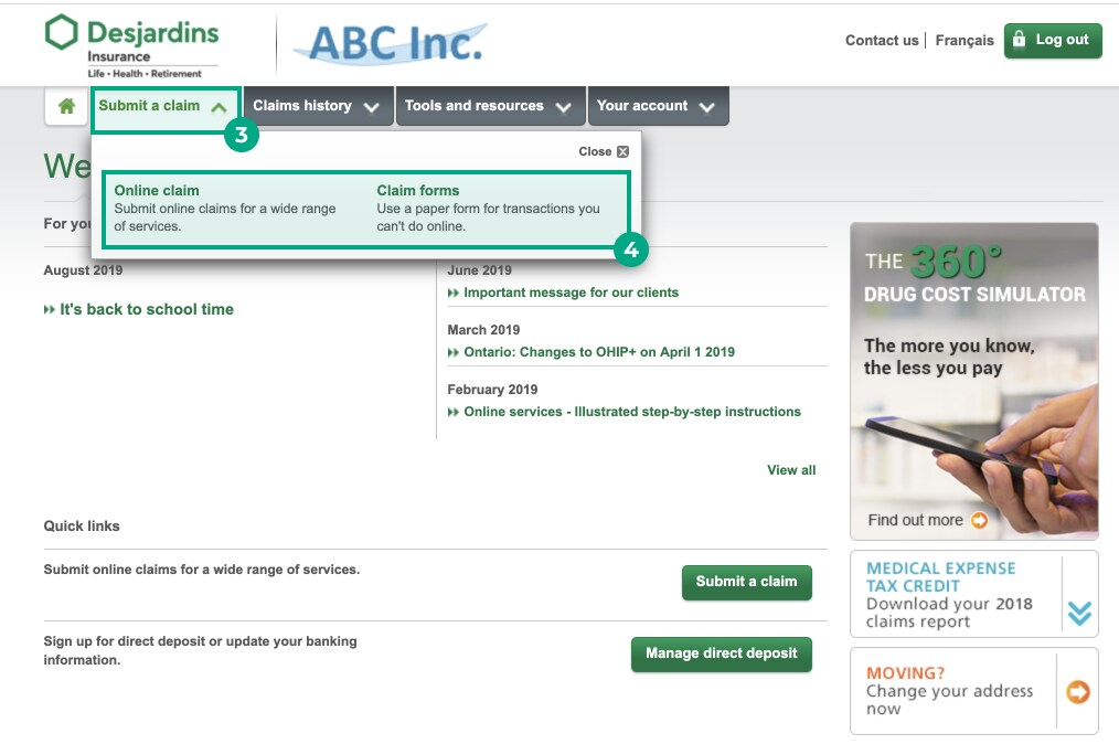 desjardins insurance webpage with submit a claim button a claim options highlighted