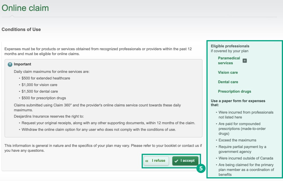 desjardins online claim webpage with accept and refuse buttons highlighted