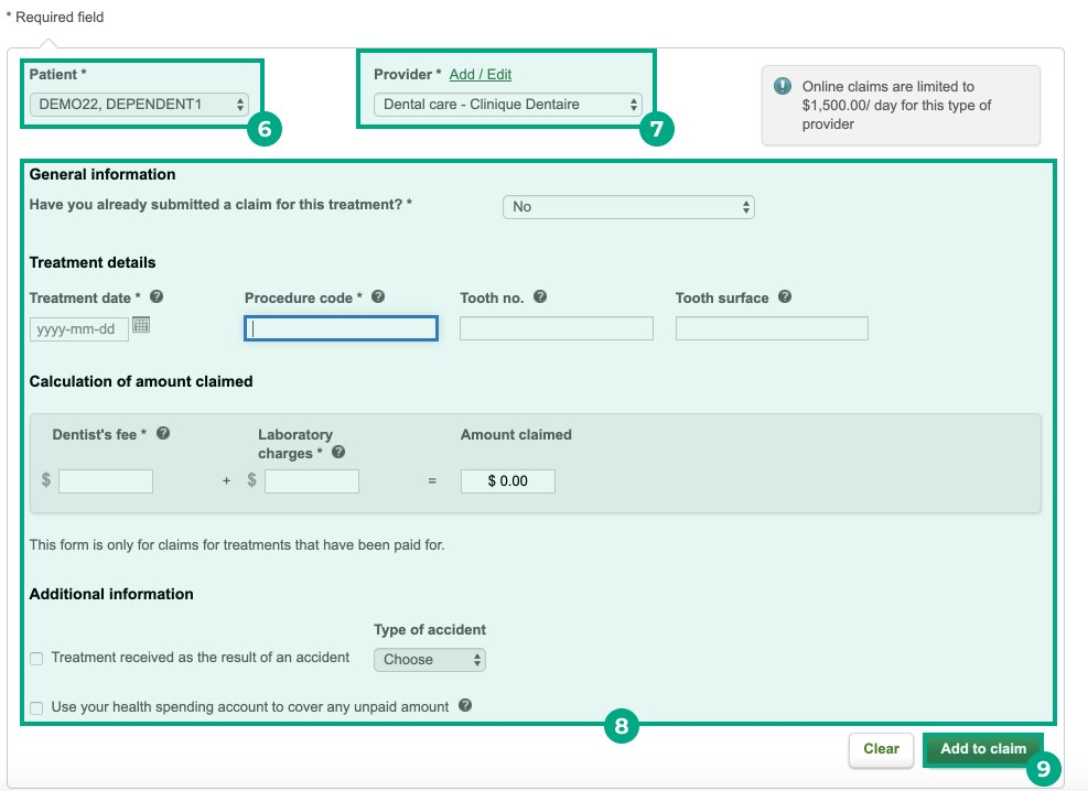 desjardins insurance patient details webpage