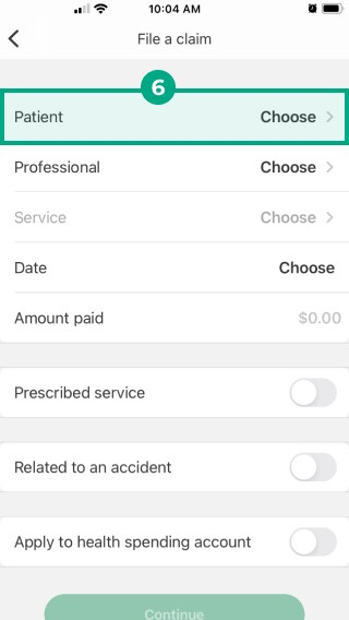 desjardins omni app file a claim screen with patient field highlighted