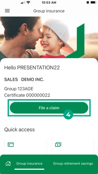desjardins omni app home screen with file a claim button highlighted