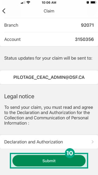 Desjardins omni app claim screen with submit button highlighted