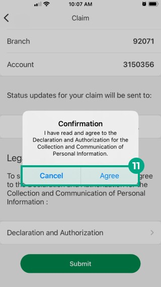 Desjardins omni app claim confirmation pop-up with agree button highlighted