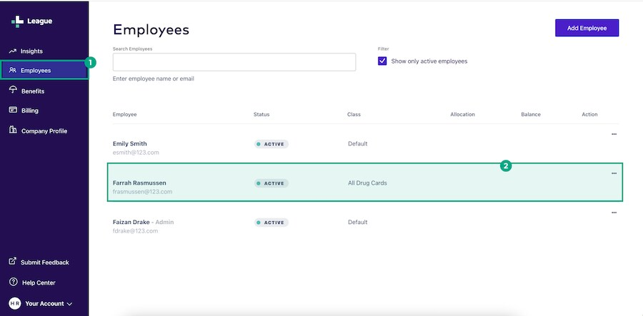 HR portal employees screen with an employee highlighted