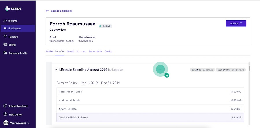 HR portal employee profile benefits tab with the ellipsis icon highlighted