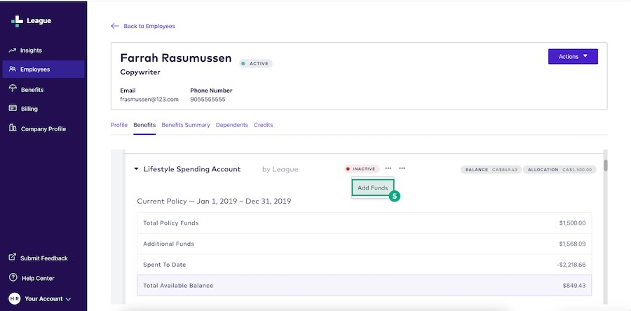 HR portal employee profile benefits tab with the add funds button highlighted