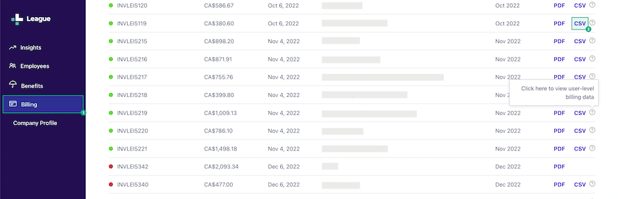 HR portal billing screen with the csv button for one invoice highlighted