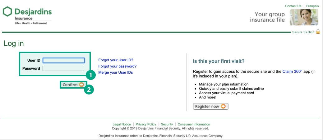 desjardins webpage log in screen with user id field, password field and confirm button highlighted