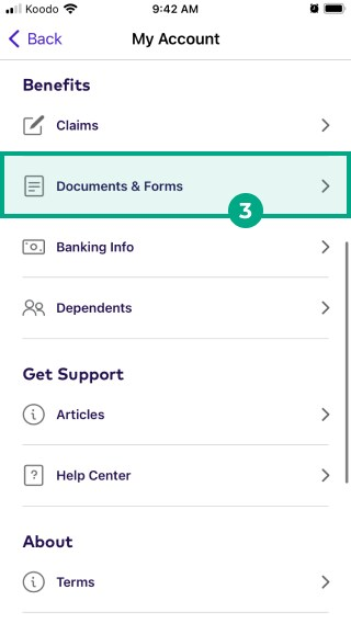 Menu screen on the League mobile app with the Documents and Forms button highlighted