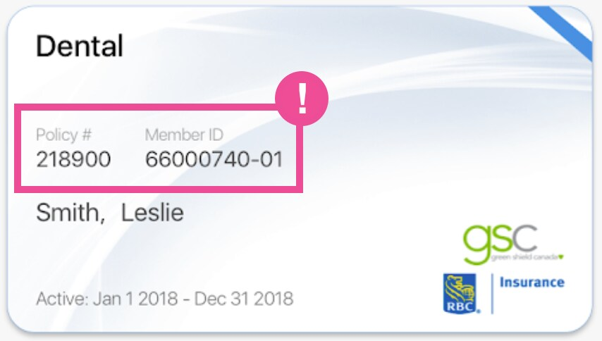 rbc dental insurance card with policy and member id highlighted