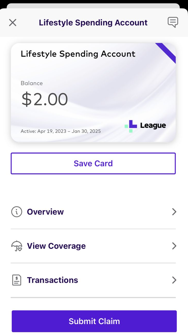Lifestyle spending account screen on the League app